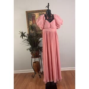 Boohoo Occasion Maxi Dress Womens 12 Pink Chiffon Puff Sleeve Pleated Back Zip